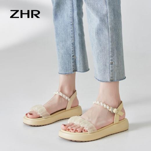 ZHR凉鞋女2024新款夏时尚百搭一字带珍珠凉鞋气质厚底沙滩鞋 商品图9