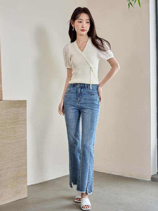 【专属特价】熙世界新中式流苏盘扣针织衫短袖夏季新款气质国风斜襟V领上衣 商品图2