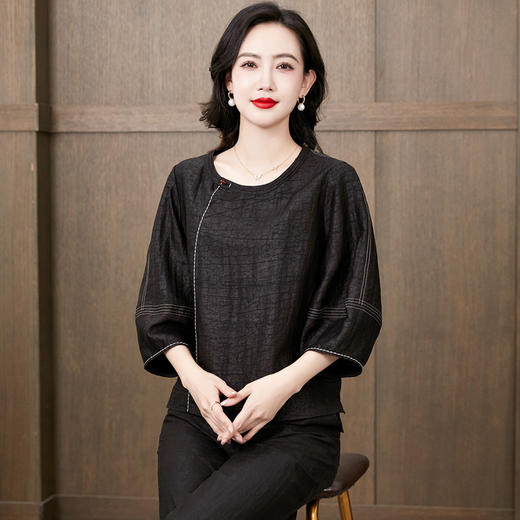 ASE春夏新款香云纱套装女年轻款两件套品牌宽松妈妈装大码真丝阔腿裤 商品图1