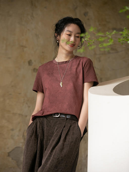 牧衣游原创汉麻棉炒色T恤女夏新款质朴做旧宽松圆领短袖上衣 听夏 商品图1