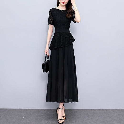 NYL-8801黑色连衣裙夏季新款时尚气质胖mm收腰显瘦假两件过膝中长裙 商品图1