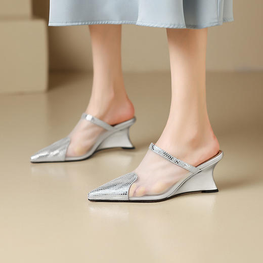 【预售5天】性感优雅，尖头拼接网纱高跟半拖BY&H2267 商品图1