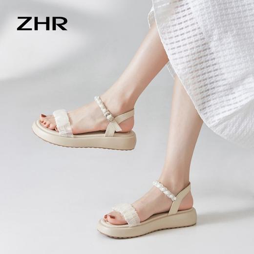ZHR凉鞋女2024新款夏时尚百搭一字带珍珠凉鞋气质厚底沙滩鞋 商品图8
