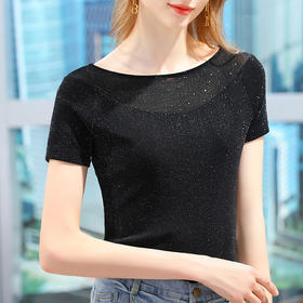 亮丝短袖t恤，性感网纱拼接一字肩上衣XY-DY3403599-HYS