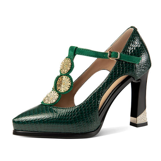 OLD3768防水台包头凉鞋女丁字带中空气质走秀高跟鞋尖头粗跟黑色漆皮绿色 商品图4