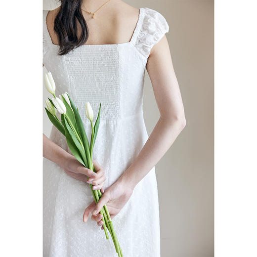 HeyDress白色刺绣连衣裙女夏季法式方领收腰设计感小飞袖浪漫裙子 商品图2