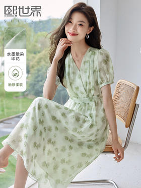 【专属特价】熙世界法式绿碎花V领连衣裙2025夏装新款高级感气质雪纺a字裙子