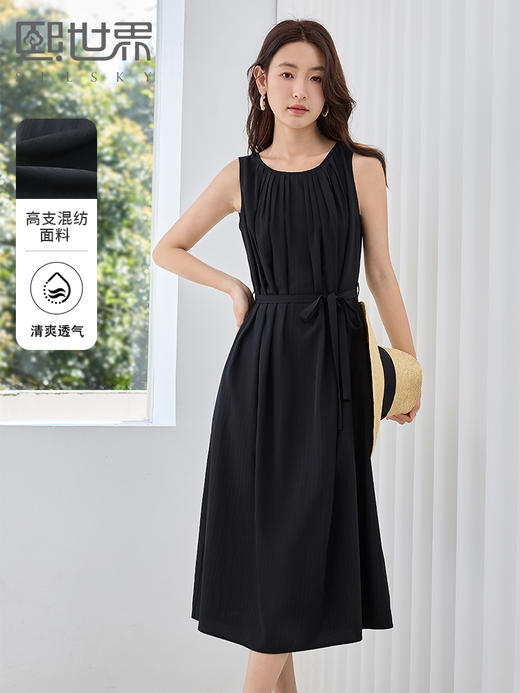 【专属特价】熙世界赫本风黑色无袖连衣裙2025夏装新款收腰系带裙子法式长裙 商品图0