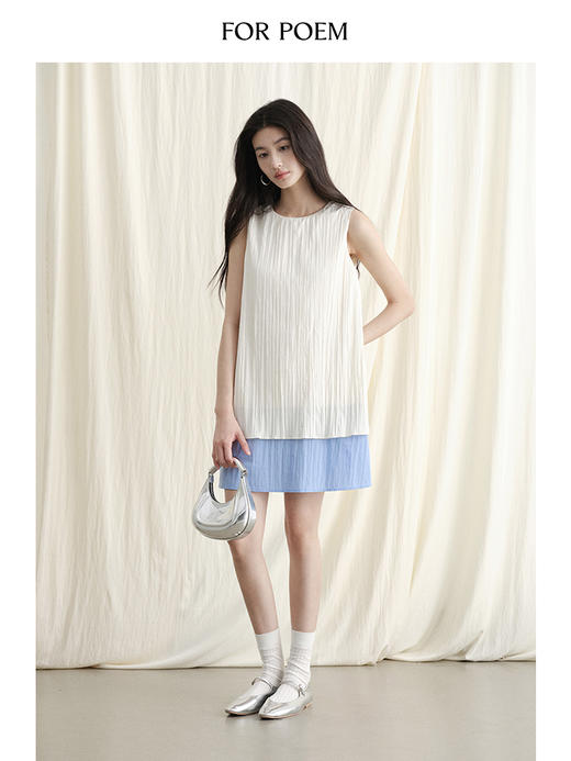 ForPoem 现货 24/SS原创设计褶皱肌理拼色无袖简约背心连衣裙 商品图2