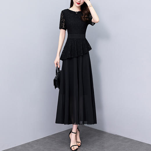 NYL-8801黑色连衣裙夏季新款时尚气质胖mm收腰显瘦假两件过膝中长裙 商品图3