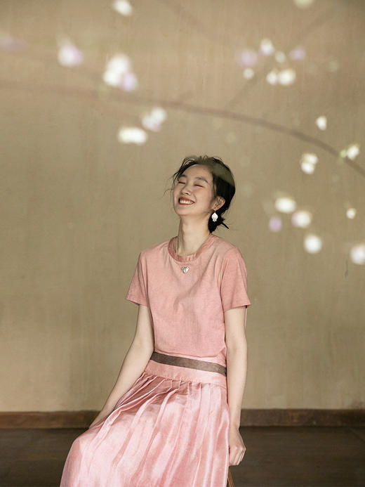 牧衣游原创汉麻棉炒色T恤女夏新款质朴做旧宽松圆领短袖上衣 听夏 商品图0