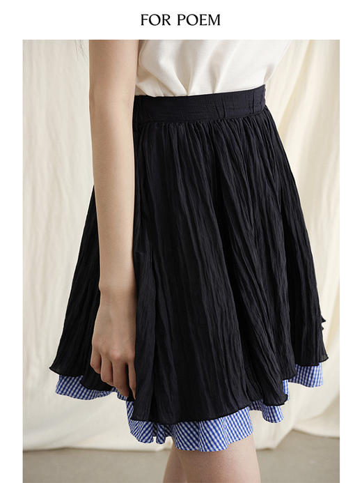 ForPoem 现货 24/SS原创设计夏季褶皱肌理感拼接格子下摆蓬蓬半身裙 商品图3