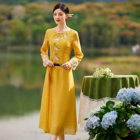 复古民族风，新中式禅意禅服圆领盘扣修身奥黛款连衣裙OG-6075