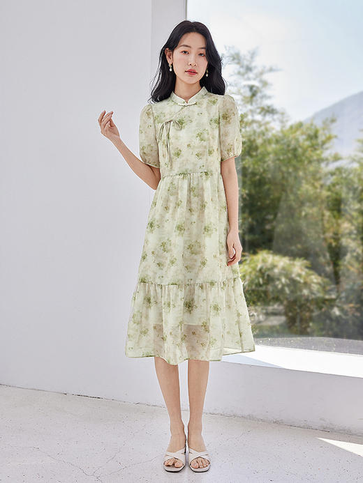 【专属特价】熙世界薄荷曼波绿色碎花改良旗袍连衣裙女夏季新中式国风雪纺裙 商品图2