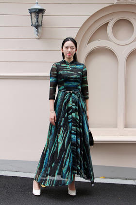 石绿色半袖连衣裙《千里江山图》系列HJ1S48