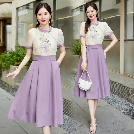 HRFS-58109夏季上新气质时尚新中式风刺绣设计高级感立领拼接高腰连衣裙 商品图5