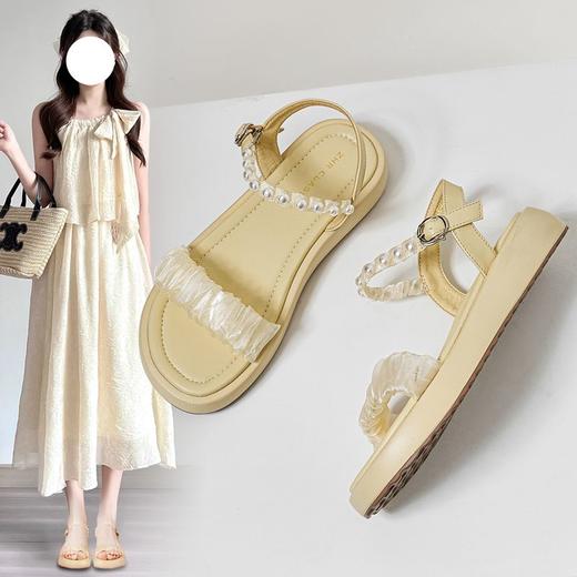 ZHR凉鞋女2024新款夏时尚百搭一字带珍珠凉鞋气质厚底沙滩鞋 商品图1