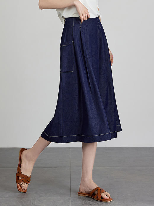 【五折购】熙世界仿牛仔七分阔腿裙裤夏季休闲高腰工装风口袋宽松a字裤子 商品图3