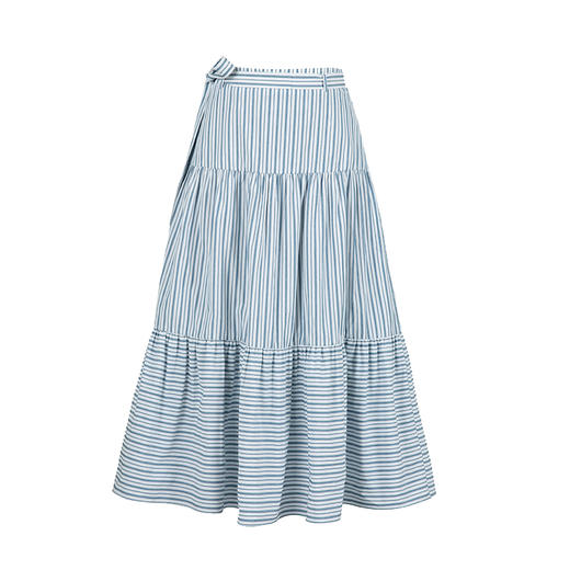 HeyDress蓝白条纹半身裙女夏季高腰系带拼接设计感伞摆A字半裙子 商品图4