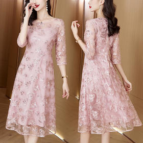 AHM-1962喜婆婆婚宴装粉色礼服裙夏季新款重工网纱提花连衣裙