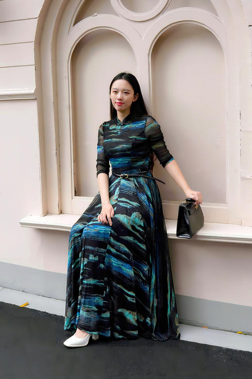 -石绿色半袖连衣裙《千里江山图》系列HJ1S48 商品图4