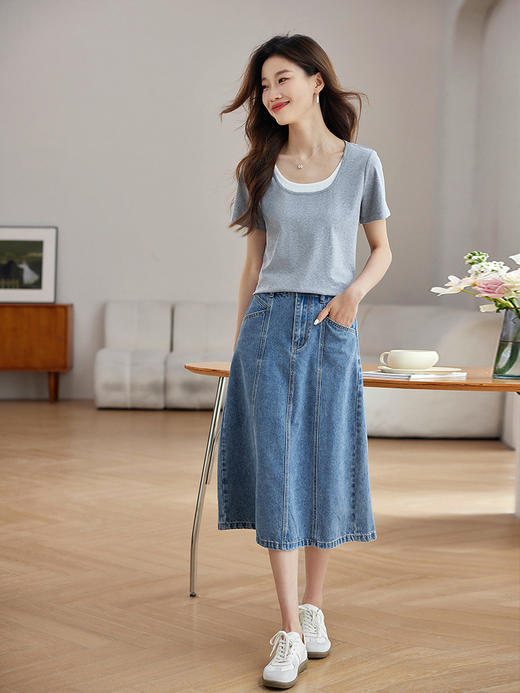 【五折购】熙世界2025夏季新款撞色假两件方领T恤短袖设计感休闲正肩上衣 商品图2