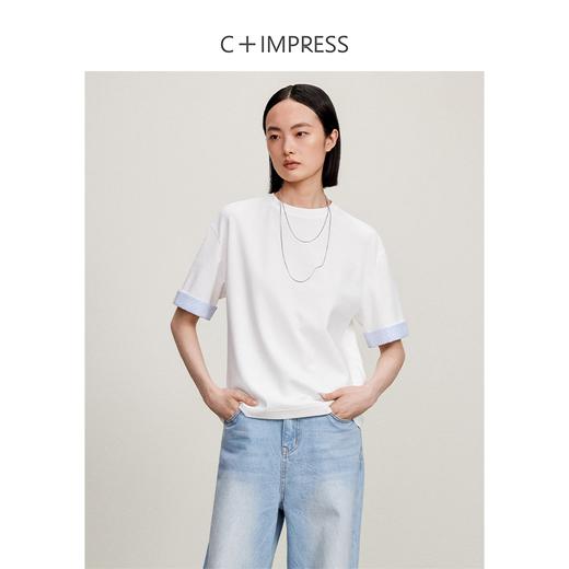 西嘉【现货】C+IMPRESS/西嘉匹马棉撞色翻遍袖口短袖T恤女夏宽松设计感纸片人T2402004 商品图1