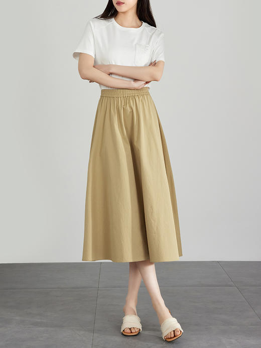 【专属特价】熙世界通勤卡其色a字半身裙2025夏装新款高腰伞裙中长裙子纯棉 商品图2