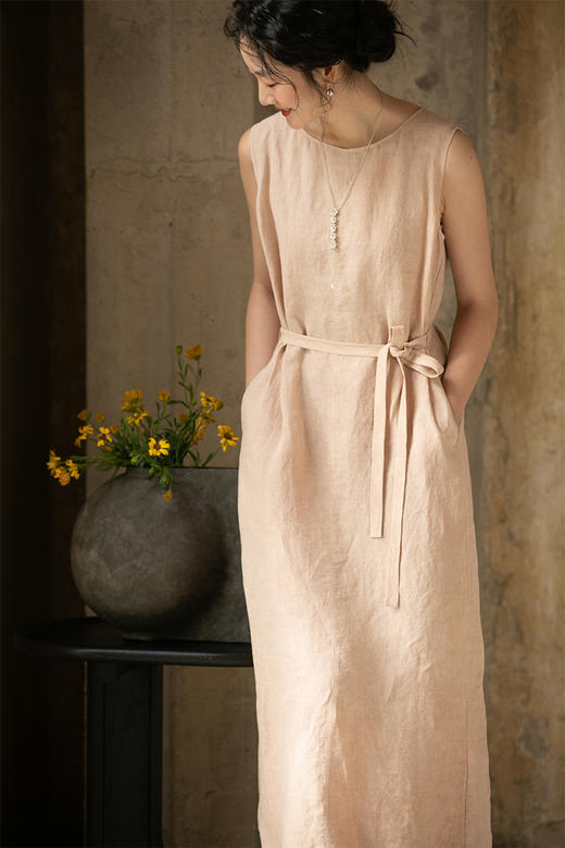 牧衣游原创 汉麻炒色连衣裙女夏新款简约纯色宽松无袖长裙 远山长 商品图5