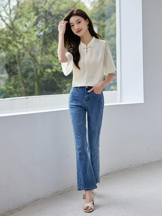 【专属特价】熙世界新中式盘扣提花雪纺衫女2025夏装新款国风荷叶袖小衫上衣 商品图3