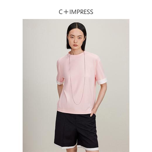 西嘉【现货】C+IMPRESS/西嘉匹马棉撞色翻遍袖口短袖T恤女夏宽松设计感纸片人T2402004 商品图3