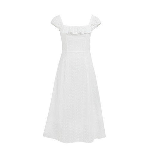 HeyDress白色刺绣连衣裙女夏季法式方领收腰设计感小飞袖浪漫裙子 商品图4