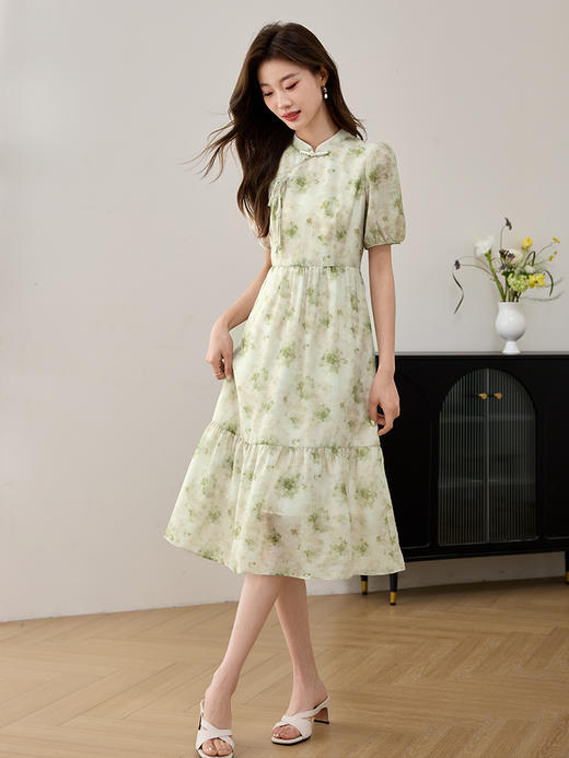【专属特价】熙世界薄荷曼波绿色碎花改良旗袍连衣裙女夏季新中式国风雪纺裙 商品图4