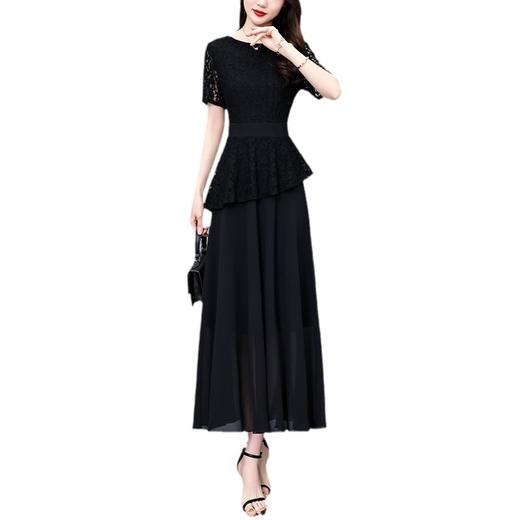 NYL-8801黑色连衣裙夏季新款时尚气质胖mm收腰显瘦假两件过膝中长裙 商品图4