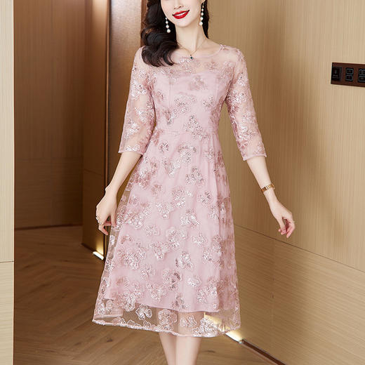 AHM-1962喜婆婆婚宴装粉色礼服裙夏季新款重工网纱提花连衣裙 商品图3