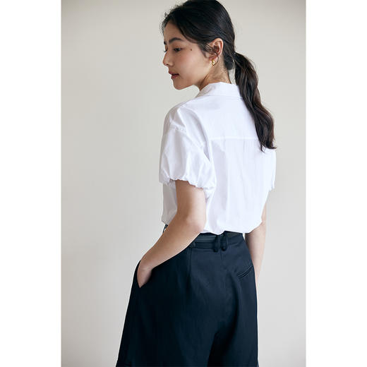 HeyDress白色翻领短袖衬衫女夏季法式复古宽松衬衣气质泡泡袖上衣 商品图3