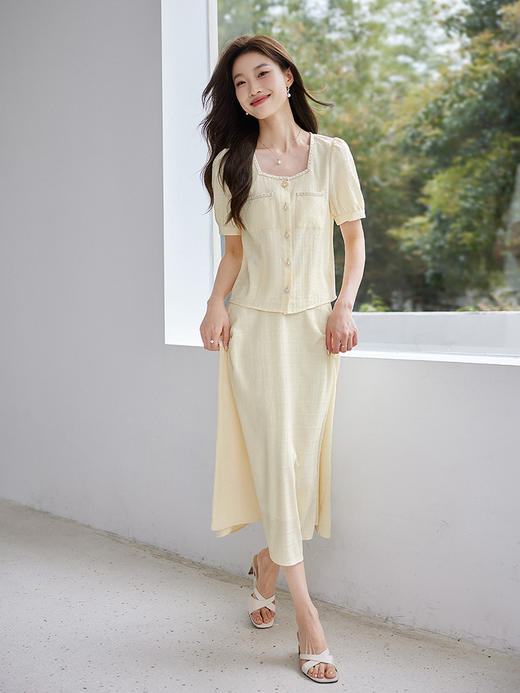 【专属特价】熙世界小香风时尚套装夏2025新款法式方领上衣半身裙两件套裙装 商品图3