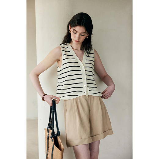 HeyDress条纹针织背心女夏季法式V领撞色设计感百搭通勤无袖上衣 商品图2