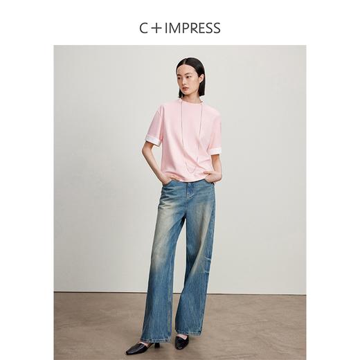 西嘉【现货】C+IMPRESS/西嘉匹马棉撞色翻遍袖口短袖T恤女夏宽松设计感纸片人T2402004 商品图2