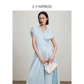 西嘉C+IMPRESS/西嘉精梳棉解构风v领连衣裙女夏优雅气质可调节袖子LYQ2401094