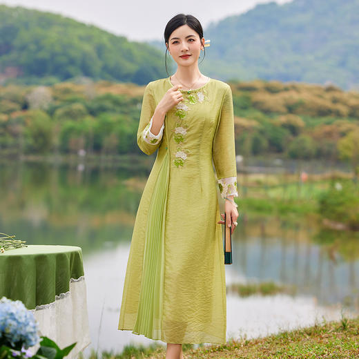 复古民族风，新中式禅意禅服圆领盘扣修身奥黛款连衣裙OG-6075 商品图1