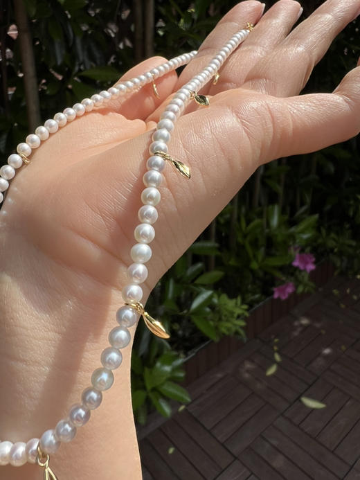 421-2 HF同款 事业有成 金叶子珍珠项链 4-4.5mmbaby珠 近正圆强光微瑕 商品图11