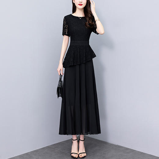 NYL-8801黑色连衣裙夏季新款时尚气质胖mm收腰显瘦假两件过膝中长裙 商品图0