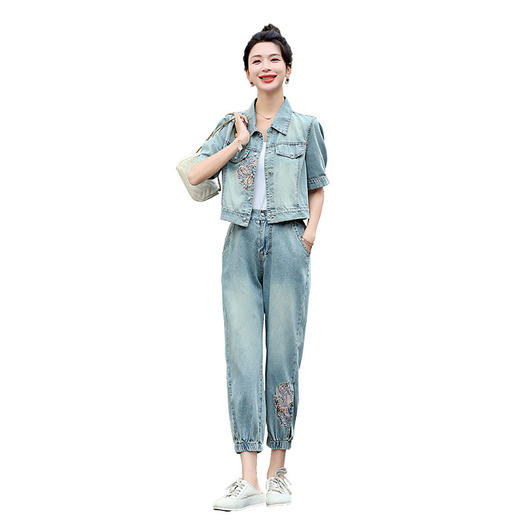 HRFS-81109夏季上新韩版气质时尚洋气拼接刺绣设计高级感牛仔两件套裤 商品图4