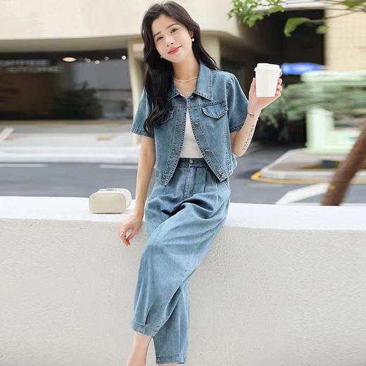 A9998时尚牛仔套装女夏薄2024新款洋气减龄牛仔短外套九分哈伦裤两件套 商品图3