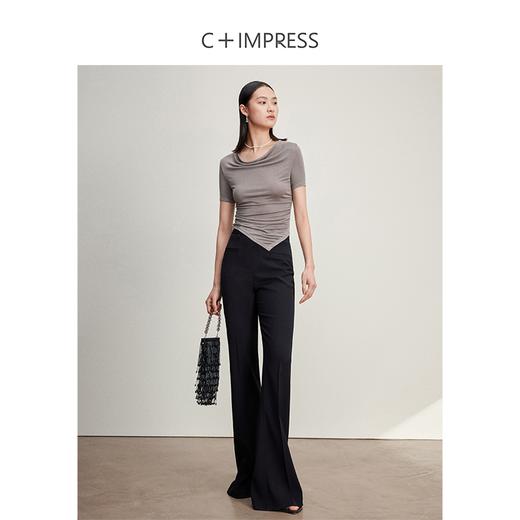 西嘉C+IMPRESS/西嘉醋酸天丝混纺荡领短袖T恤女夏褶皱收腰不规则下摆T2401068 商品图2