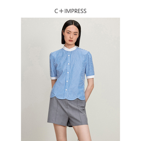 西嘉C+IMPRESS/西嘉立领花瓣下摆设计短袖竖条纹衬衫女撞色长绒棉上衣CS2402015