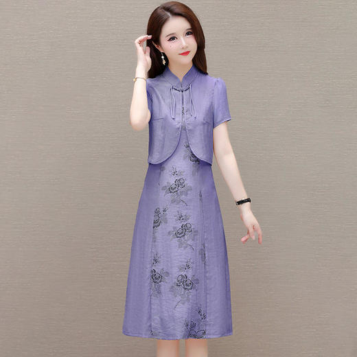 ALBB-新中式女装国风两件新款夏季短袖立领复古外套印花连衣裙 商品图0