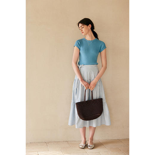 HeyDress蓝白条纹半身裙女夏季高腰系带拼接设计感伞摆A字半裙子 商品图2