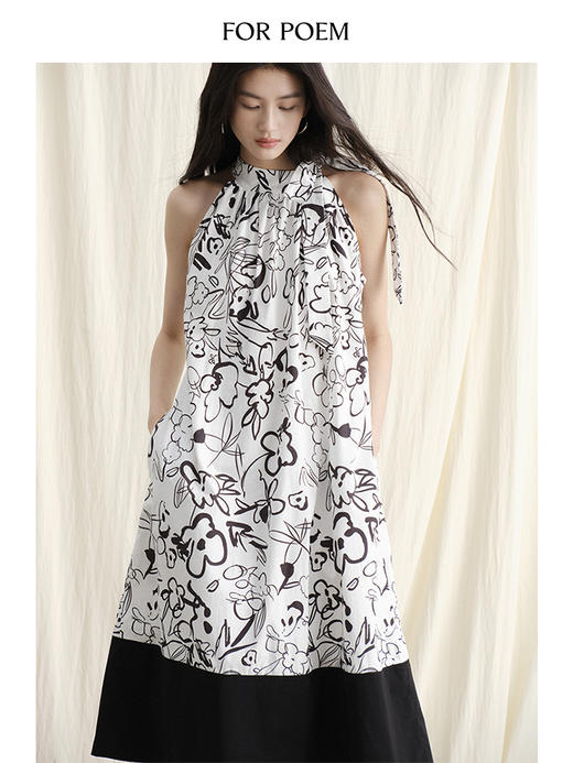 ForPoem 现货 24/SS原创设计夏季涂鸦印花度假风蝴蝶结绑带挂脖连衣裙 商品图3